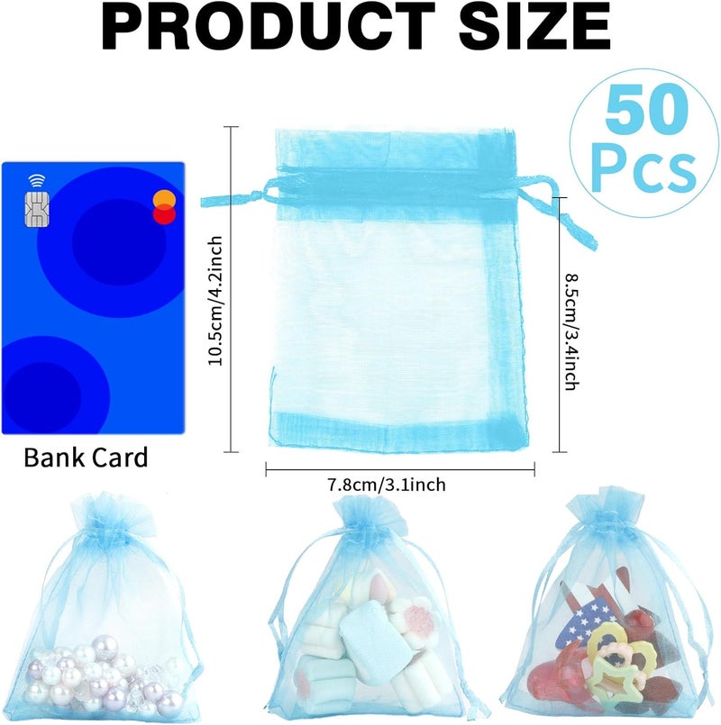 BOEIAC Sheer Organza Bags - 50 Pcs, Small with Drawstring, Jewelry Gift Bags for Parties & Weddings, Mini Candy Bags, Lake Blue - Image 2